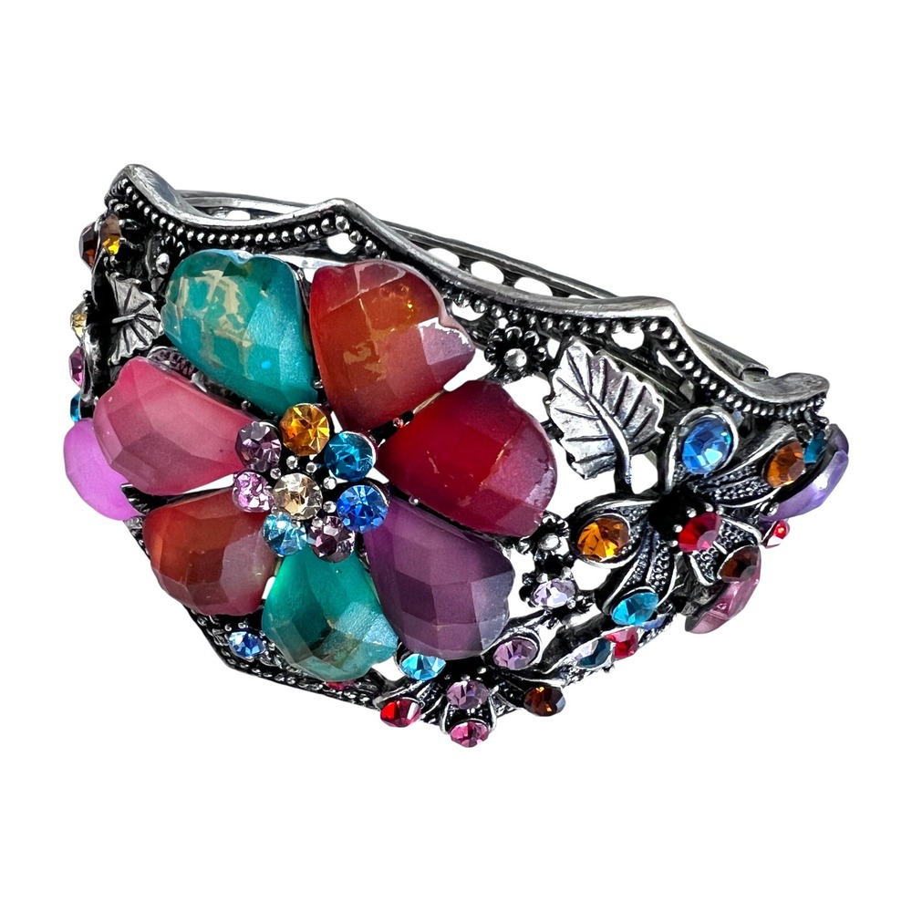 Vintage Multicolor Rhinestone Floral Hinged Cuff Bracelet Statement Silver Tone